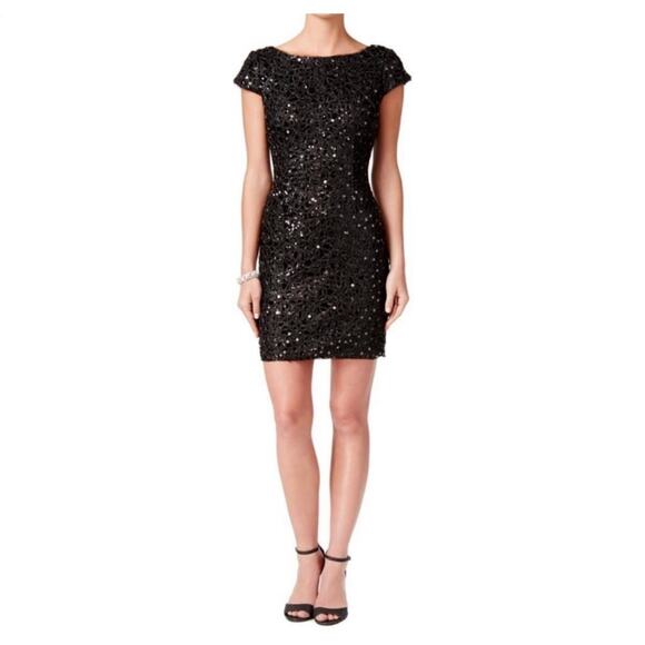 Adrianna Papell Black Sequined Cocktail Dress Size 10P Short Sleeve Mini Sheath - Picture 12 of 14